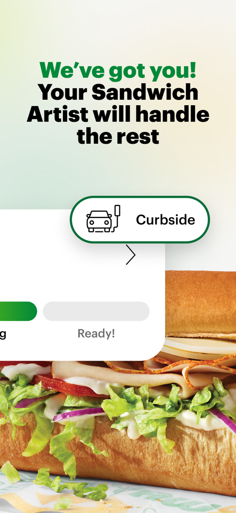 Subway app showing curbside pickup option and order progress status next to a fresh sub sandwich