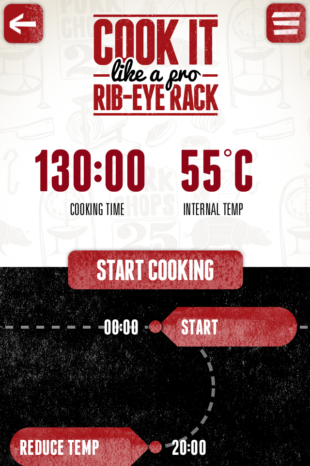 Ask The Butcher - Ask The Butcher app meat timer for rib-eye rack showing cooking time and internal temperature
