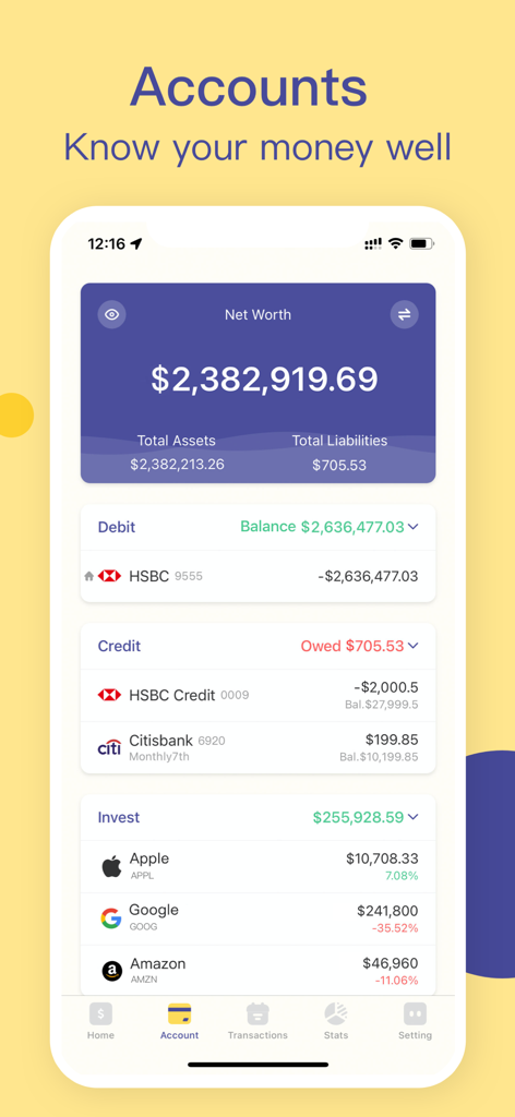 Budget app interface showing net worth summary with breakdowns of debit credit and investment accounts