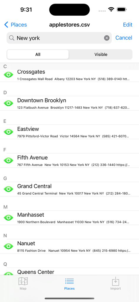 POIViewer - POIViewer app screen showing a searchable list of locations imported from a CSV file.