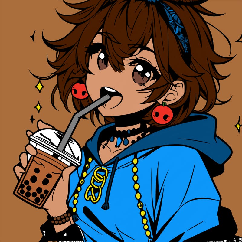 hot baddie anime girl drinking boba and biting the straw