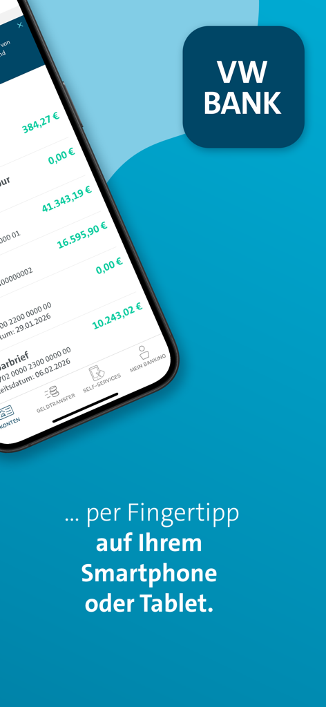 Volkswagen Bank Banking - Volkswagen Bank Mobile Banking App zeigt Kontostände auf einem Smartphone an.
