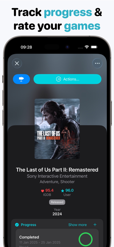 Game Tracker: Play & log - Schnittstelle der Game Tracker App, die Spieldetails, den Abschlussfortschritt und Benutzerbewertungen für The Last of Us Part II Remastered anzeigt.