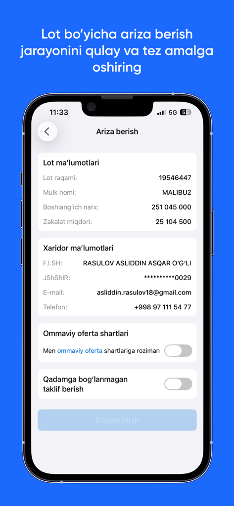 e-auksion - Interface móvel do aplicativo e-auksion mostrando um formulário de envio de lance para um lote de imóvel.