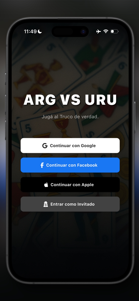 Truco: Argentino vs Uruguayo - Login screen for Truco Argentino vs Uruguayo with social sign in buttons and Spanish card background