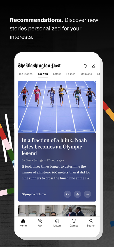 Washington Post - Washington Post app interface showing personalized story recommendations and Olympic news