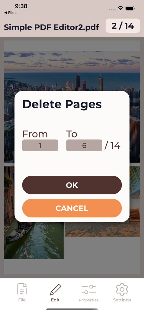 14ページのドキュメントから指定範囲のページを削除するためのポップアップダイアログが表示される、シンプルなPDFエディターアプリの画面