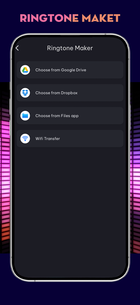Google 드라이브, Dropbox 및 파일 앱에서 오디오를 가져오는 옵션을 보여주는 벨소리 메이커 앱 화면