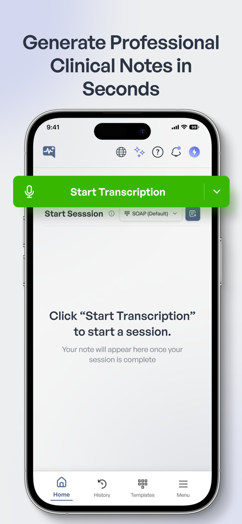 Medtalk: AI Medical Scribe - Interfaz de la aplicación Medtalk para generar notas clínicas profesionales con un botón de inicio de transcripción