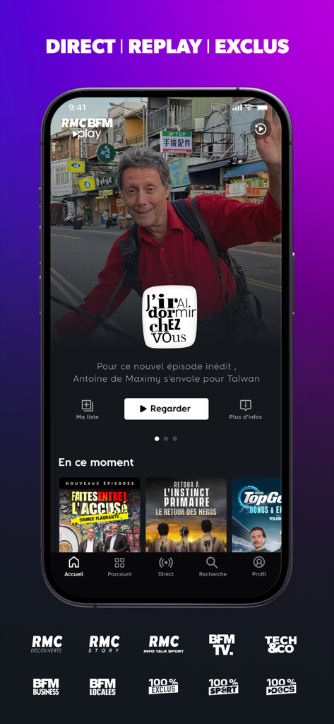 RMC BFM Play–Direct TV, Replay - Interface de l'application mobile RMC BFM Play montrant du contenu de streaming français, y compris des documentaires et des chaînes d'information.