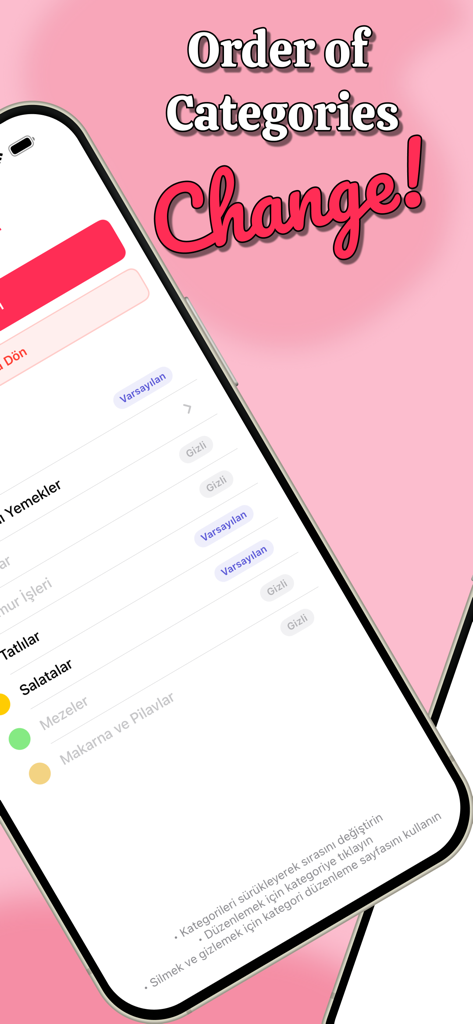 A screenshot of the Tarif Defteri app demonstrating how to reorder food categories.