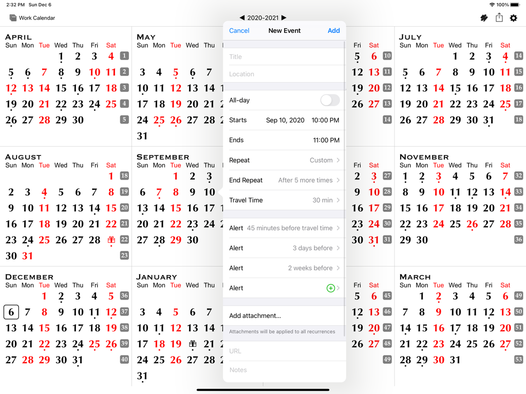 All-in-One Year Calendar Pro - Yearly calendar view on an iPad with a new event creation dialog box showing scheduling and alert options