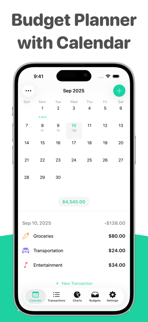 Budget Calendar: Simple Money - Minimalist budget planner app interface showing a monthly calendar view and daily expense records for groceries and transportation.