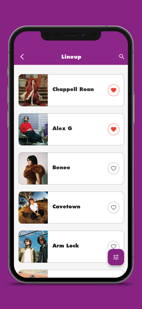 Laneway Festival - Laneway Festival app interface showing the artist lineup with photos and names of performers