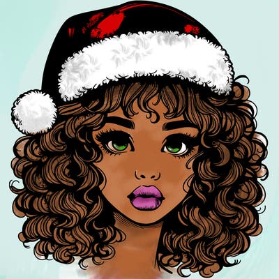 realistic girl with a santa hat curly hair and lips