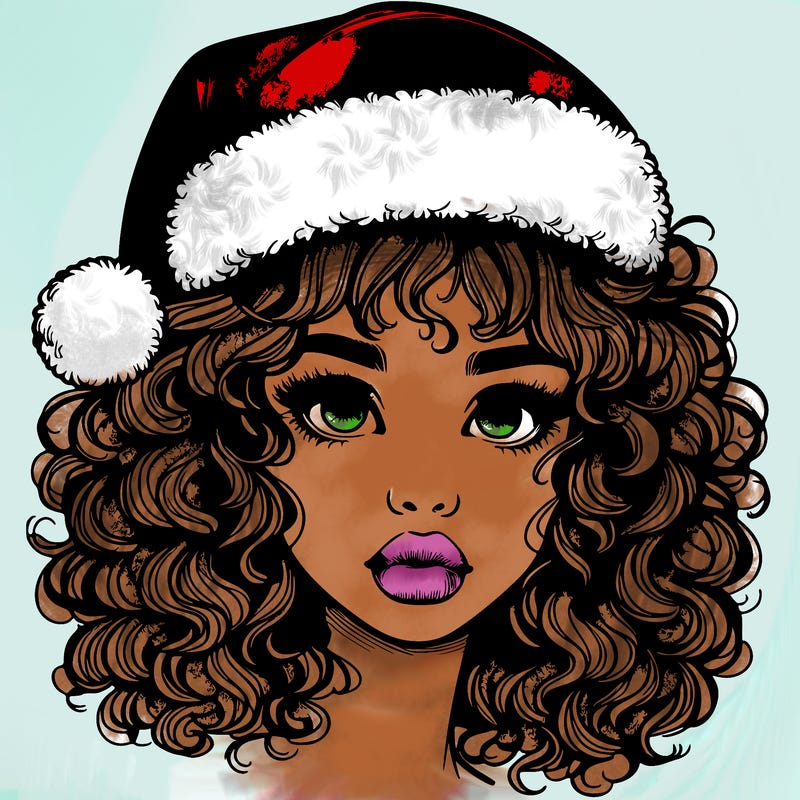 realistic girl with a santa hat curly hair and lips
