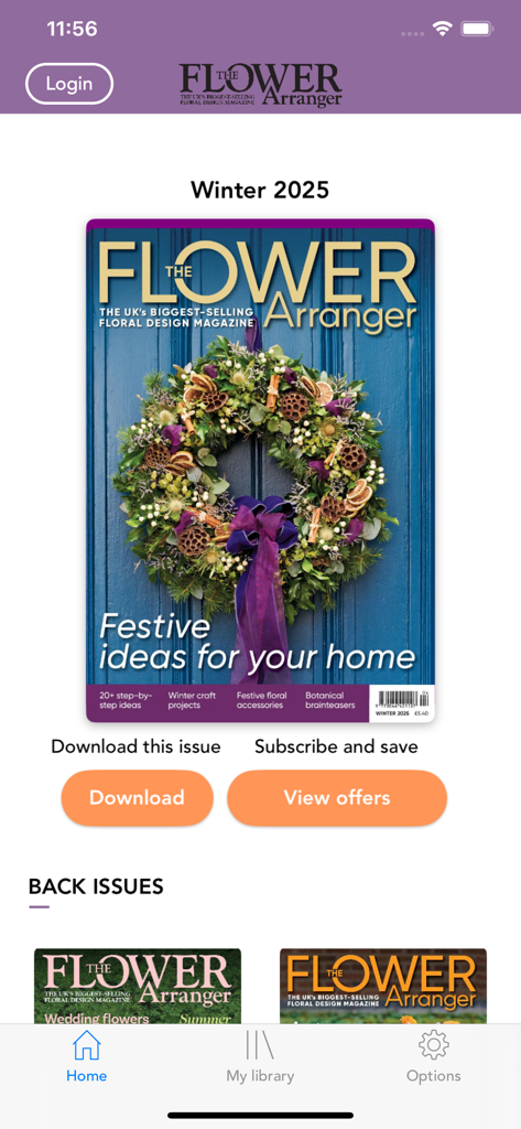 Flower Arranger app home screen displaying the Winter 2025 issue with a festive wreath cover design