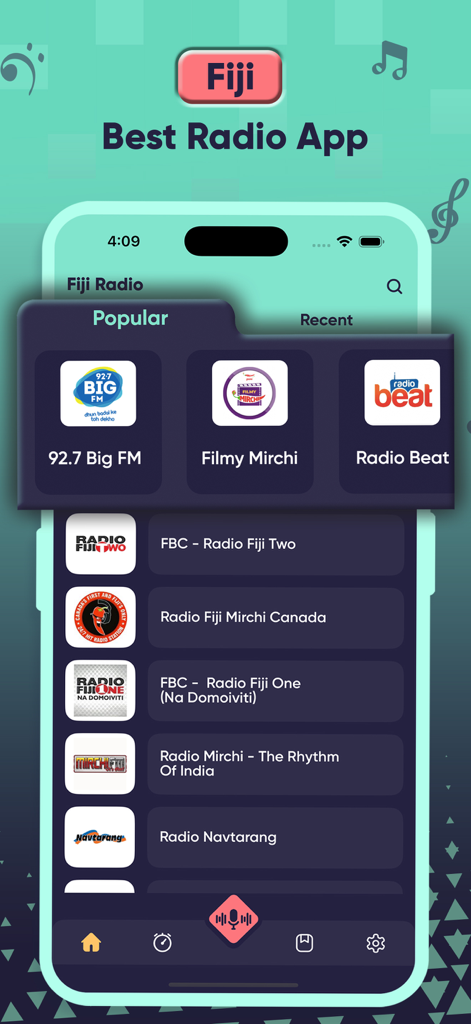 Fiji Radio - All FIji Live FM - Interface of Fiji Radio app showing a list of popular radio stations including Big FM and Radio Mirchi.