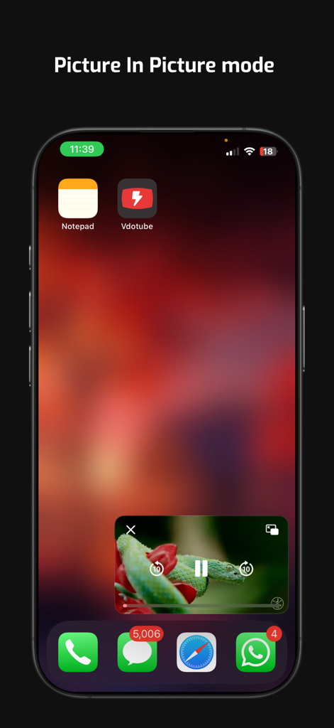 VdoTube - No ads in video - VdoTube app showing video playback in Picture in Picture mode on an iPhone home screen