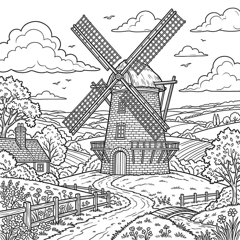 Immerse yourself in a picturesque landscape with this detailed brick windmill coloring page. Featuring rolling hills and quaint architecture, it offers a delightful escape for artists of all ages.