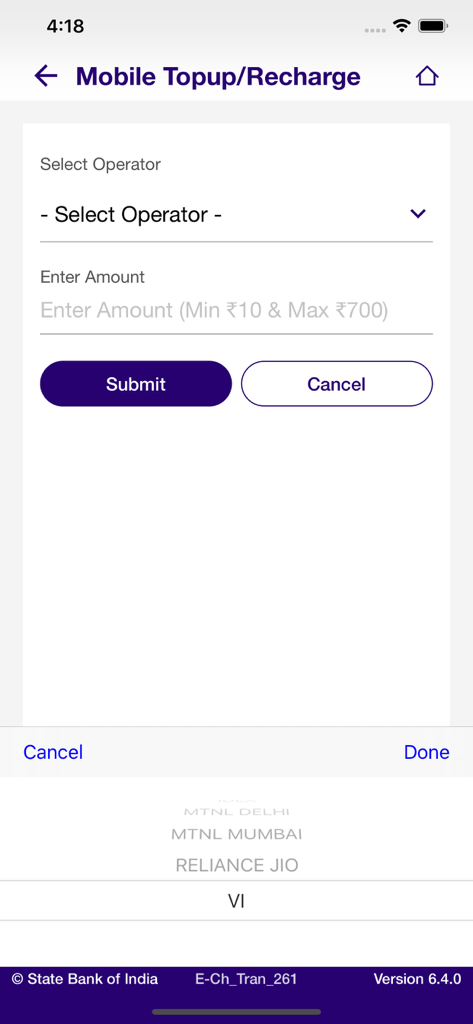 SBI Quick - SBI Quick app mobile topup and recharge interface showing selection for Indian mobile operators