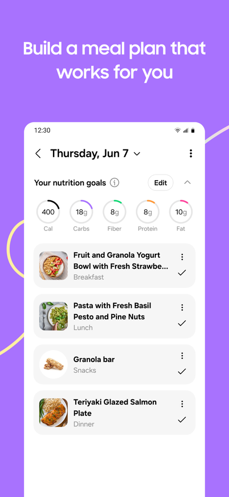 Samsung Food app interface showing a daily meal plan for Thursday with calorie and macronutrient nutrition goals.