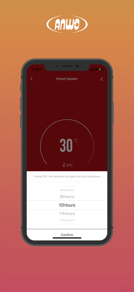 ANWO Home app interface showing a panel heater set to 30 degrees Celsius with a 10-hour timer option selected.