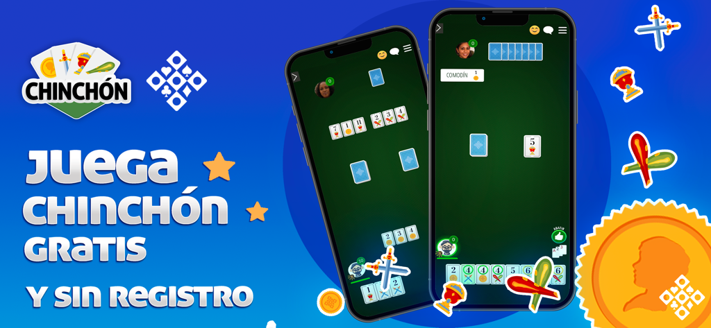 Chinchón  - Juego de Cartas - スペインのデッキを使ったスマートフォンのゲームプレイを示す、チンチョンカードゲームアプリのプロモーションバナー。