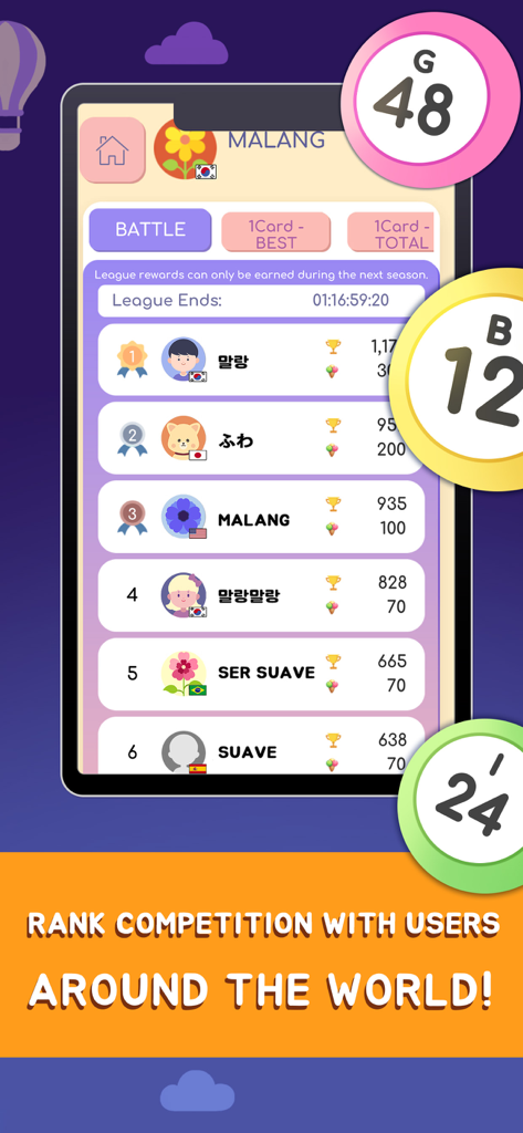 Global leaderboard screen in Coverall Bingo showing player rankings and scores from around the world