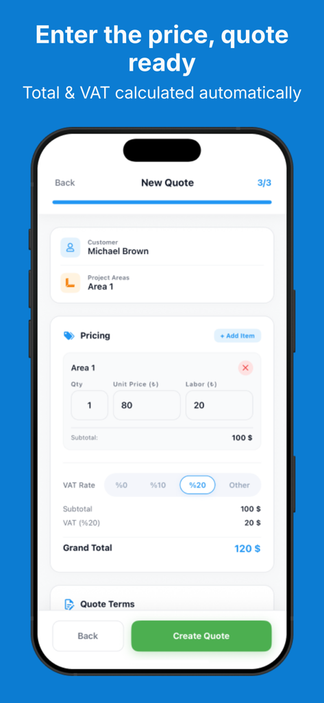 Measure Book - Measure Book アプリインターフェイス。新しい建設見積もりの価格設定と自動 VAT 計算画面を示します。
