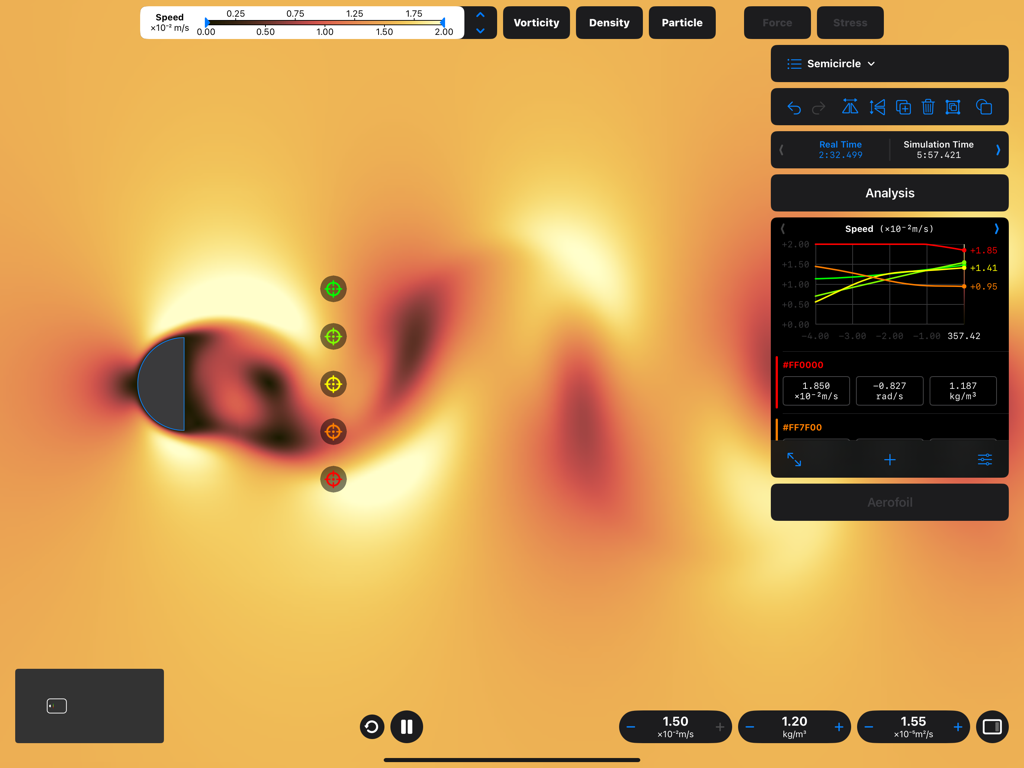 A 2D aerodynamics simulation showing airflow vorticity patterns around a semicircle object with real-time data analysis