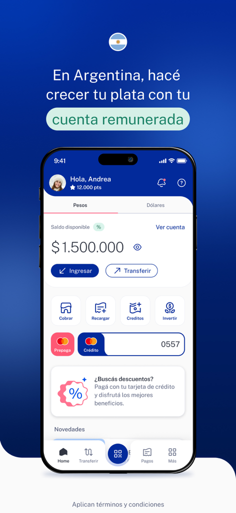 Dashboard of the Uala app for users in Argentina displaying account balance and financial services