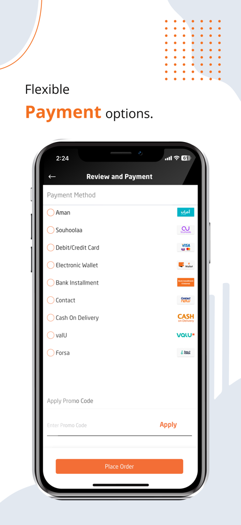 2B Egypt - Schermata di revisione e pagamento dell'app 2B Egitto che mostra metodi di pagamento flessibili