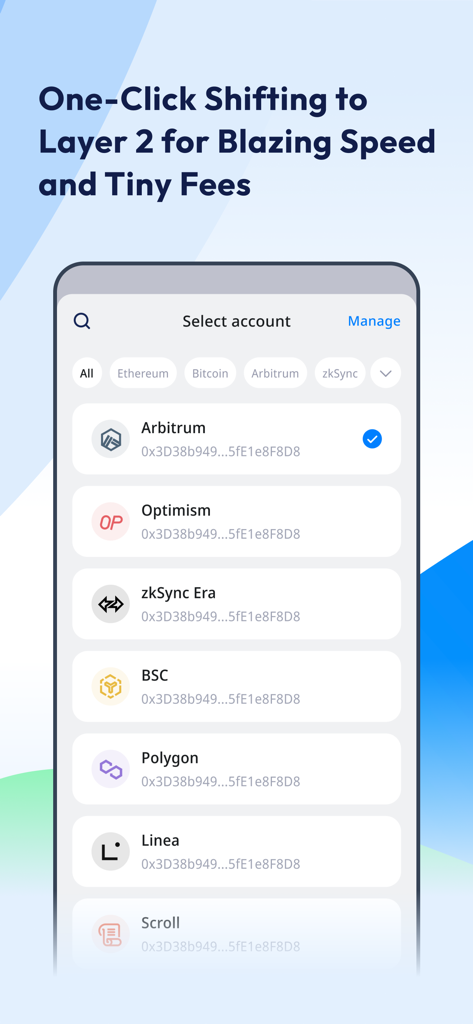 Interface do app imToken mostrando uma lista de redes Layer 2, incluindo Arbitrum e Optimism, para transações cripto rápidas