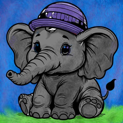a baby elephant with huge heats and a little hat realistic