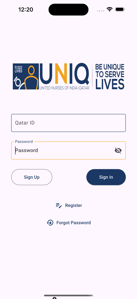 UNIQ Qatar mobile app login screen featuring fields for Qatar ID and password