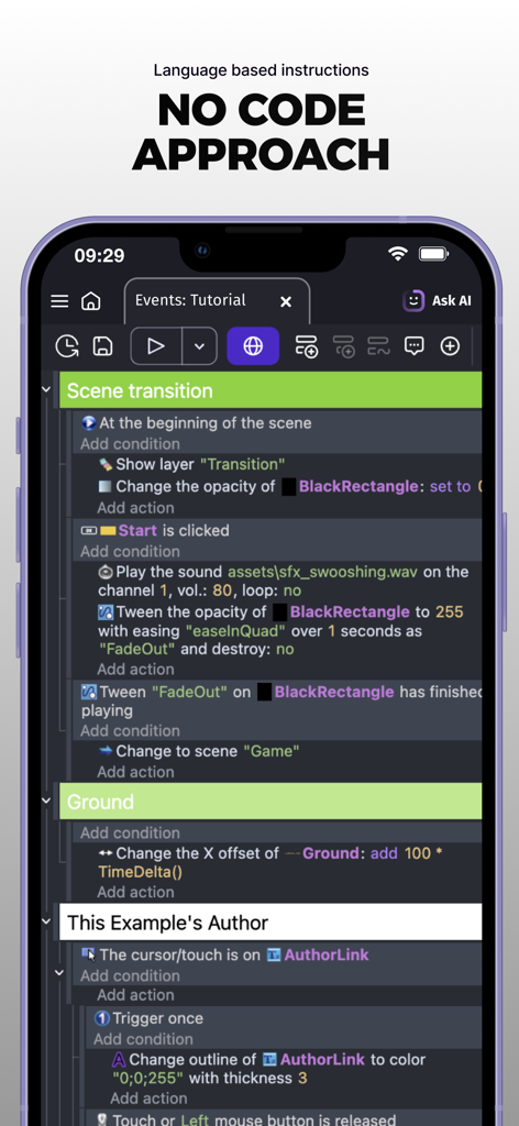 Mobile screen showing the GDevelop visual logic editor with no code instructions
