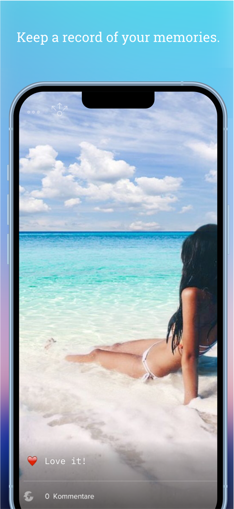 Tripmii - Travel Diary - Tripmii mobile app displaying a tropical beach photo and memory keeping feature