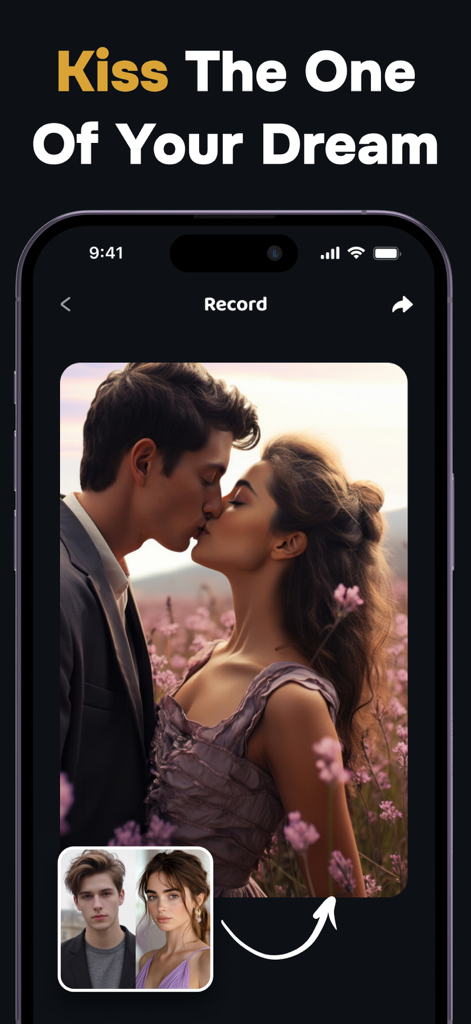 AI Videos: Hug, Kiss & Dance - A smartphone screen displaying an AI generated video of a couple kissing in a field