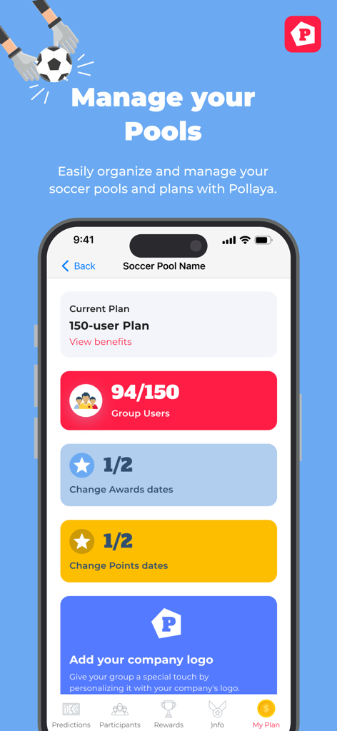 Pollaya - Schermata dell'app Pollaya per la gestione dei gruppi di pronostici calcistici che mostra le statistiche degli utenti del gruppo e i dettagli del piano.