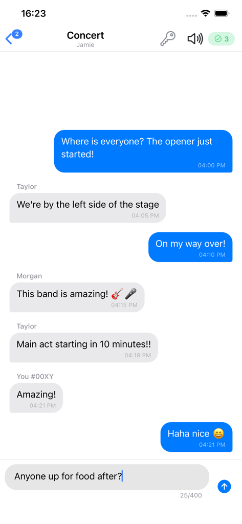 Chat Local: Offline Messaging - A group chat interface in the Chat Local app showing messages exchanged at a concert via offline Bluetooth.