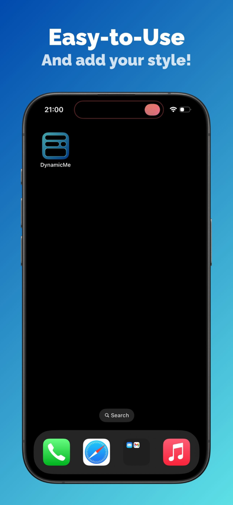 DynamicMe - 개인화된 색상의 스타일화된 다이나믹 아일랜드와 DynamicMe 앱이 있는 아이폰 홈 화면