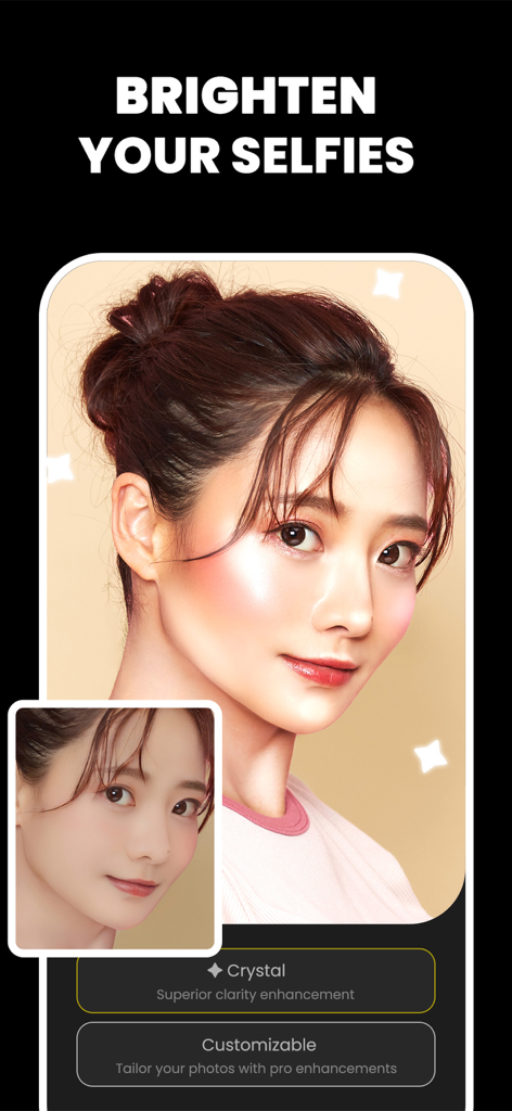 Unblur Clear Image·Enhancer AI - A before and after comparison of a selfie being brightened and sharpened using AI crystal enhancement