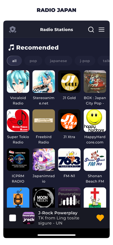 Screenshot of the Radio Japan app displaying a grid of recommended Japanese radio stations including Vocaloid Radio J1 Gold and Shonan Beach FM.