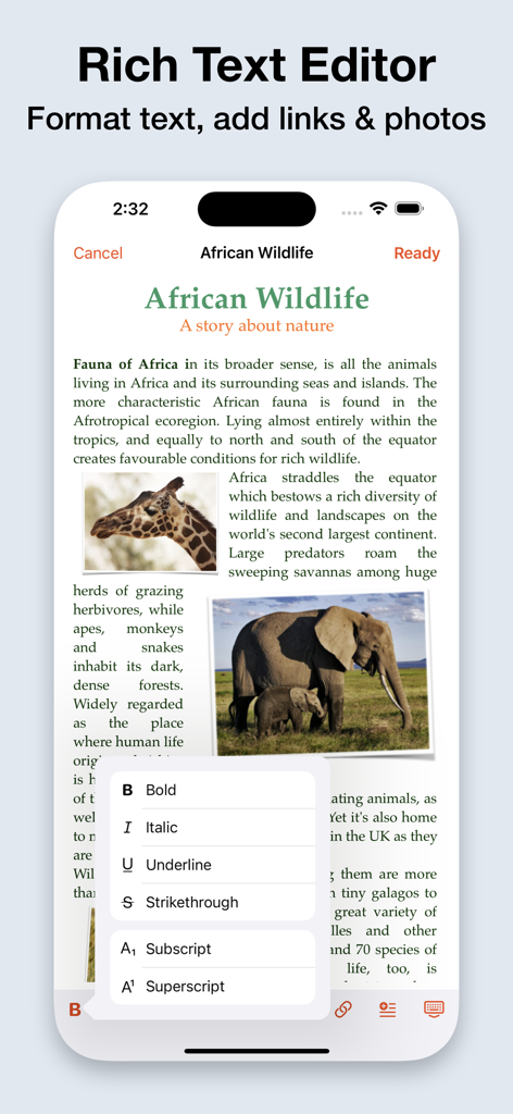 BlogTouch for Blogger interface showing a rich text editor with text formatting options and images of wildlife in a blog post