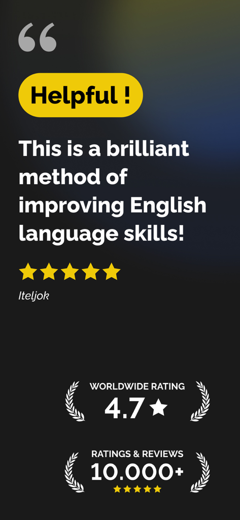 FluentJoy: Speak English - Avaliação positiva do usuário para o aplicativo de aprendizado de inglês FluentJoy com uma classificação mundial de 4,7 estrelas e mais de 10.000 avaliações.