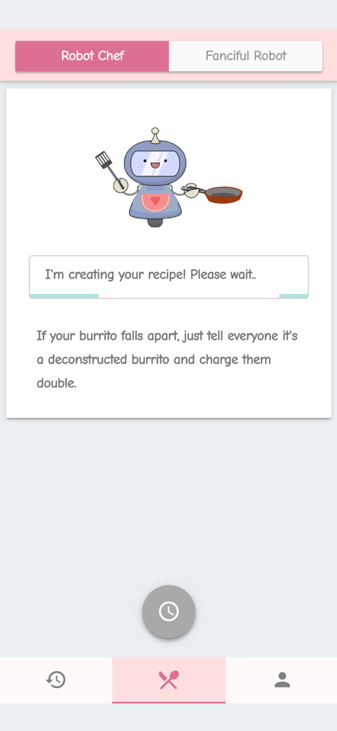 Robot Chef - Quick recipes - Una pantalla de carga en la aplicación Robot Chef con un lindo personaje robot con una sartén y un consejo de cocina humorístico sobre burritos.