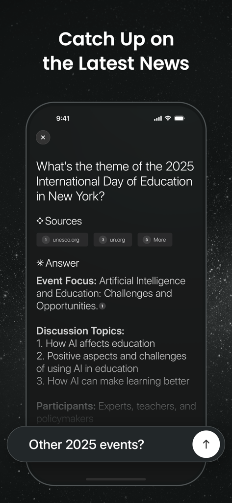 Inscope app interface showing a detailed AI search result with cited sources about current news events.