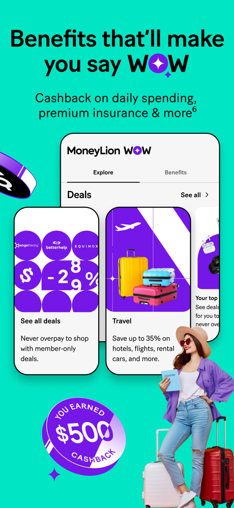 MoneyLion: Banking & Cash Back - MoneyLion WOW app interface displaying cashback rewards and travel discounts