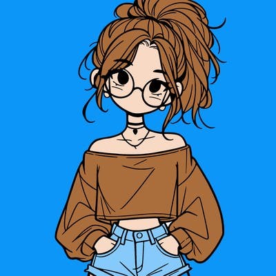 girl with a messy ponytail glasses a baggy crop top and jean shorts
